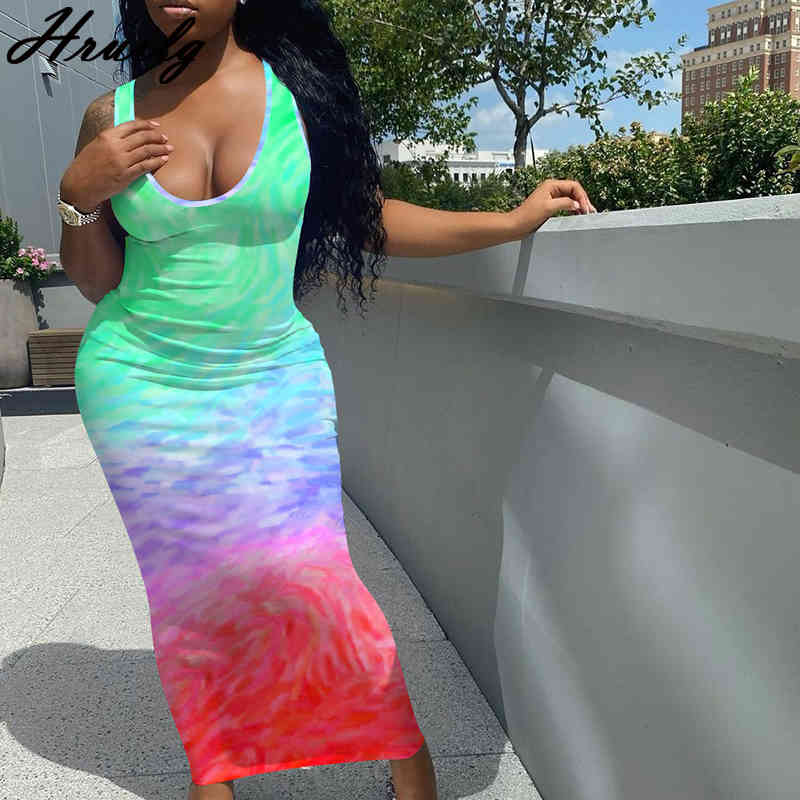 Woman Clothing Sleeveless Tie Dye Print Summer Beach Holiday Plus Size Dress for Women Party Club Night Elegant Robe Femme 210513