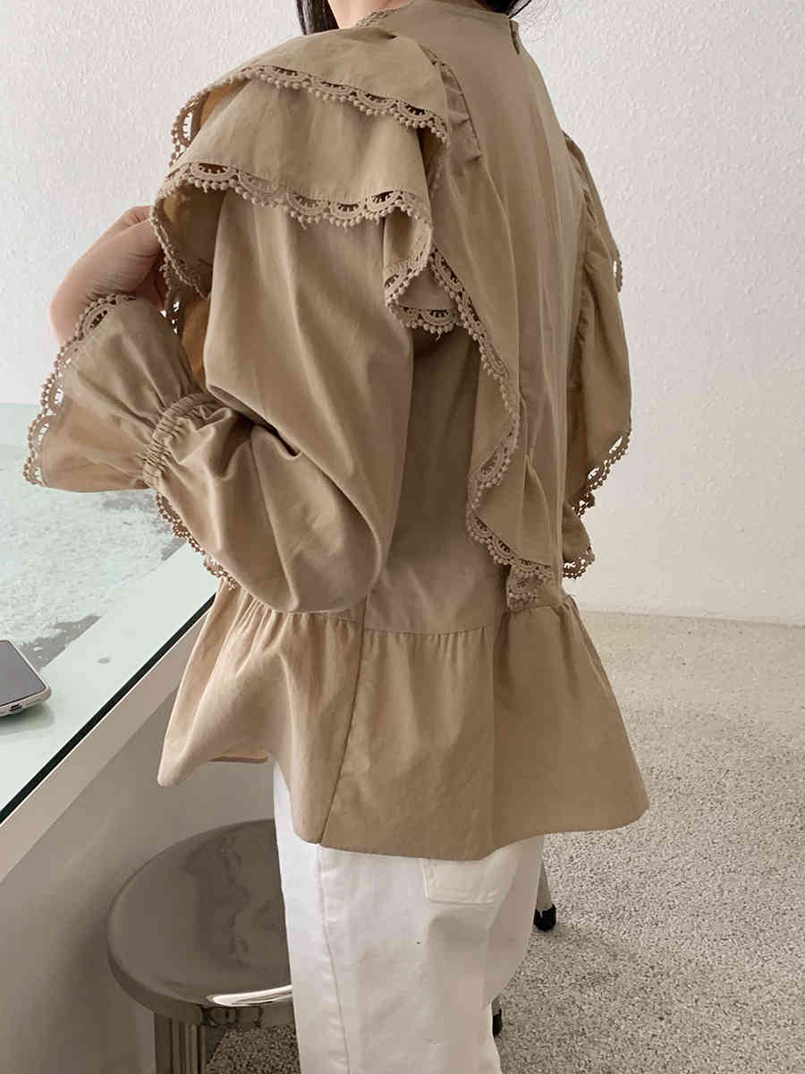 Nomikuma Autumn Chic V-neck Women Shirt Korean Lace Patchwork Ruffle Blouse New Flare Long Sleeve Slim Waist Blusas 6D285 210427