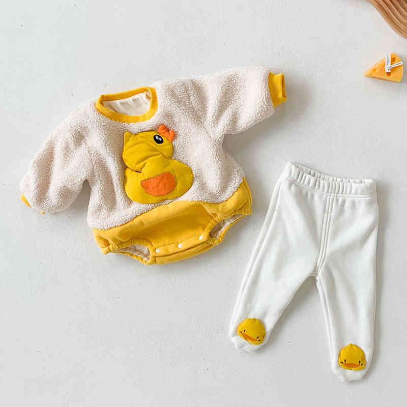 born Infant Baby Boys Girls Cartoon Thicken Rompers + Panty-hose Clothing Autumn Kids Boy Girl Long Sleeve Clothes 210429