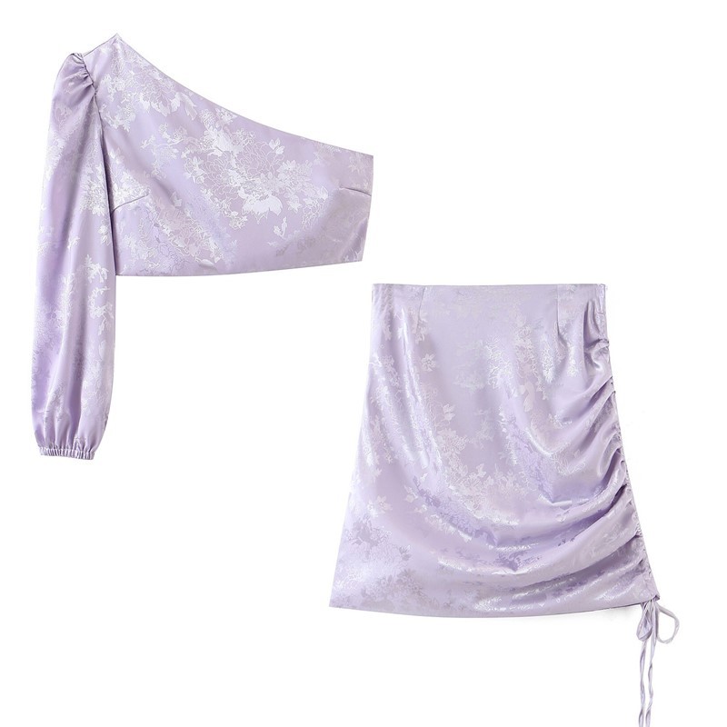 Satin Jacquard Floral Short T-shirt Crop Top Sexy Women Lacing Up Ruched Mini Skirt Single Sleeve Tops 2 Pieces Set 210429