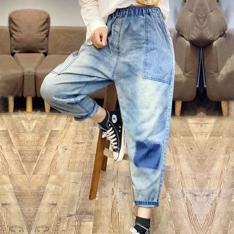 Spring Korea Fashion Elastic Waist Loose Embroidery Ladies Jeans All-matched Casual Cotton Denim Harem Pants Plus Size S633 210512