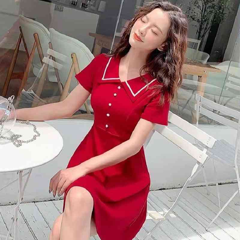 Korean style Chic Short Sleeve Button Women Mini Dress Turn-Down Collar Solid Color Ladies Dresses Summer Female Robe 210521