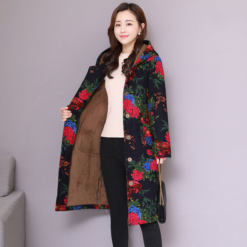 National Style Winter Women Long Parkas Vintage Print Loose Hooded Coat thicken Cotton Warm Jacket Female Coats Plus Size D251 210512