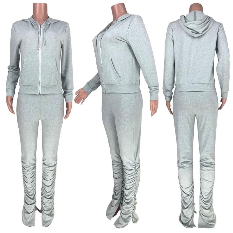 Solid Hooded Two Piece Set Women 2021 Autumn Long Sleeve Zipper Top And Stacked Pants Sporty Streetwear Casual Matching Sets Women's Tracksu