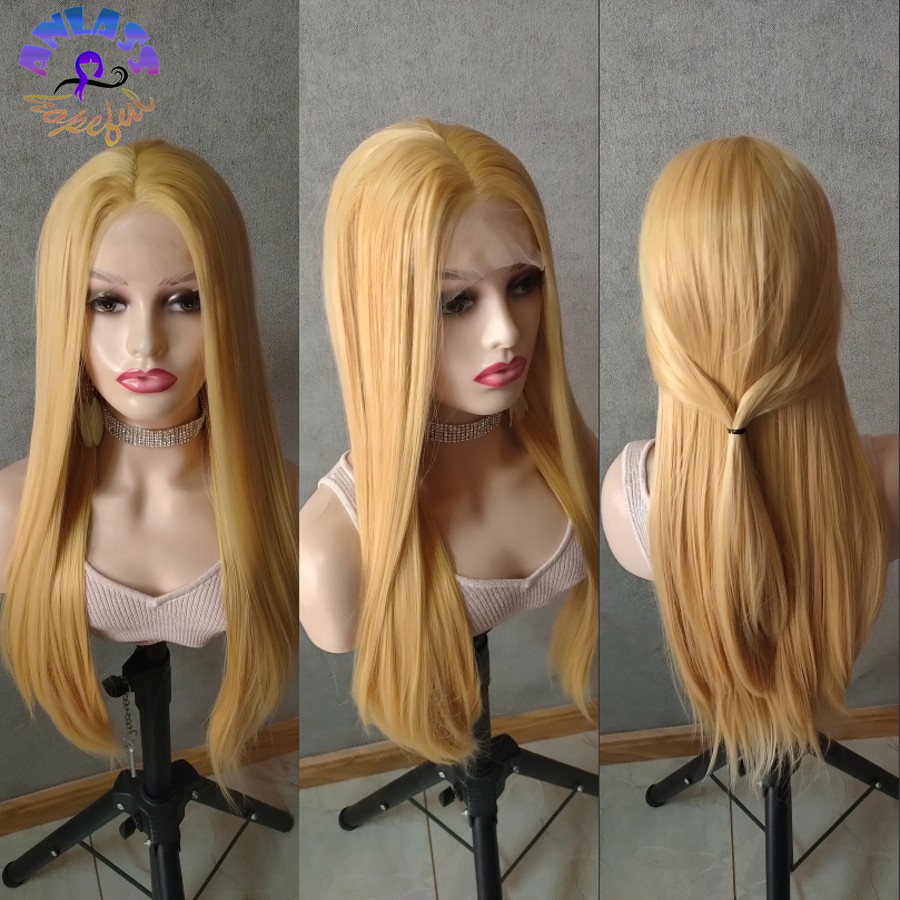 Free shipping 26'' Glueless 613 Honey Blonde Lace Front Synthetic Wigs Middle Part Straight Hair Pre Plucked Heat Resistant Fiber Natural Da
