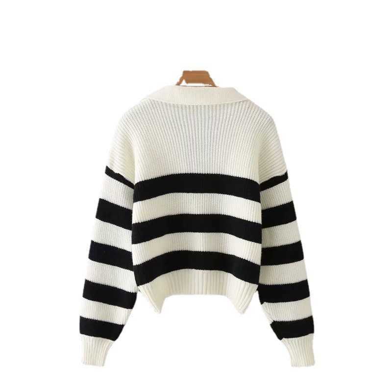 TRAF Women Fashion Striped POLO Collar Loose Knit Sweater Retro Long Sleeve Pullover Streetwear 211011Z