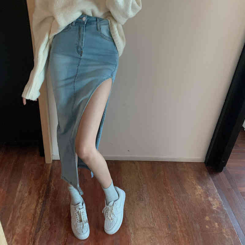 Nomikuma High Waist Sexy Split Jeans Skirt Korean Fashion Elegant Women Demin Skirts Spring New One-step Faldas Mujer 6E084 210427