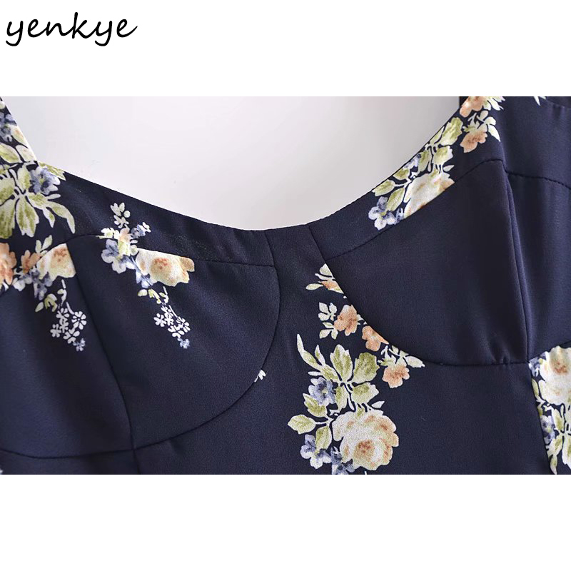 YENKYE Summer Women Vintage Floral Print Sexy Slits Dress Female V Neck A-line Midi Tank Chiffon Dress Prairie Chic Holiday Robe 210515
