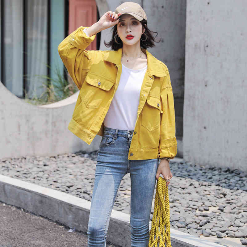 Autumn Korea Fashion Women Long Sleeve Loose Pink Jackets all-matched Casual Back Print Cotton Denim Short Coat S191 210512