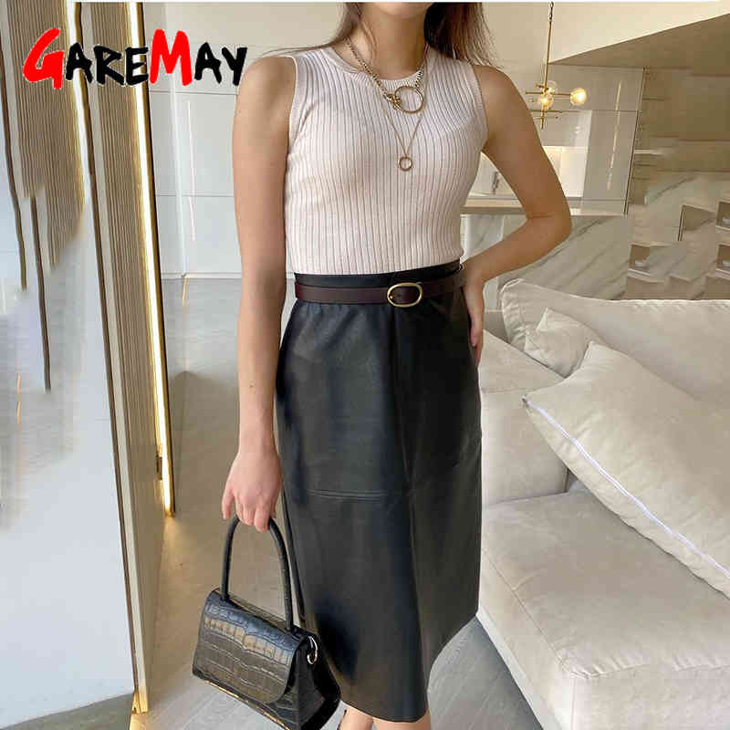 Winter Warm faux women's leather skirt Long Vintage female knee-length beige Black Pencil with high waist 210428