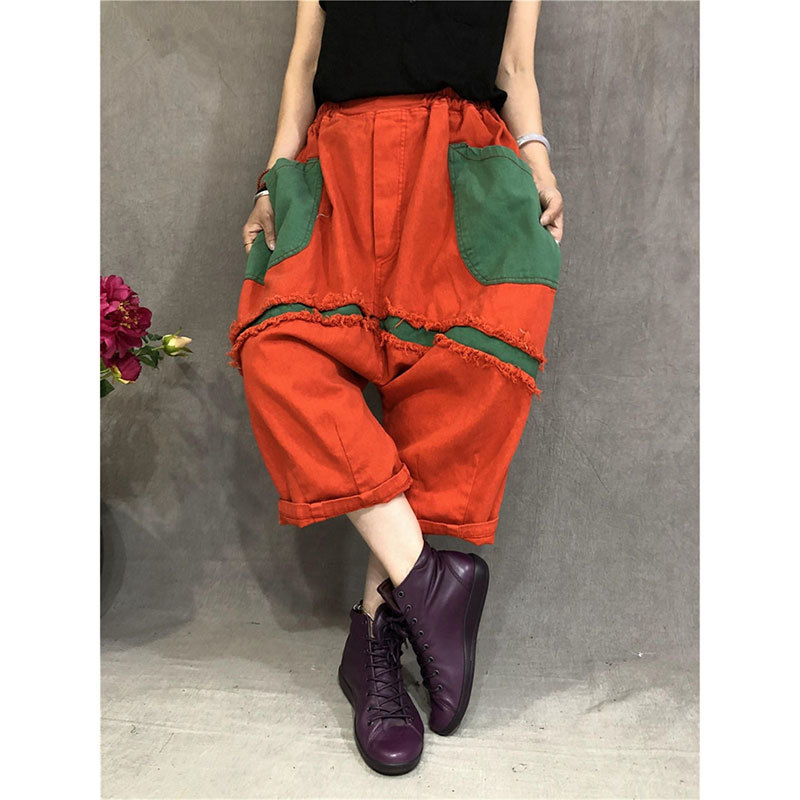 High Street Fashion Women Cross-pants Elastic Waist Hole Patchwork Casual Pants Female Loose Denim Cotton Calf-length D128 210512