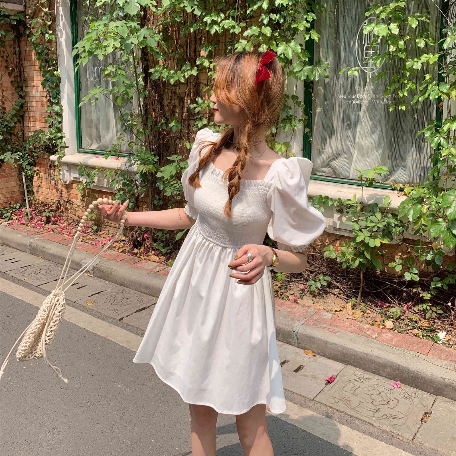 Summer Women Elegant Puff Sleeve Korean Style Sweet Dress Vintage Chiffon High Waist Casual Slim Party Female Vestido 210519