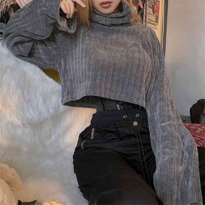 Elegant Women Gray Sweaters Fashion Ladies Turtleneck Knitted Tops Streetwear Female Chic Loose Short Pullovers 210430