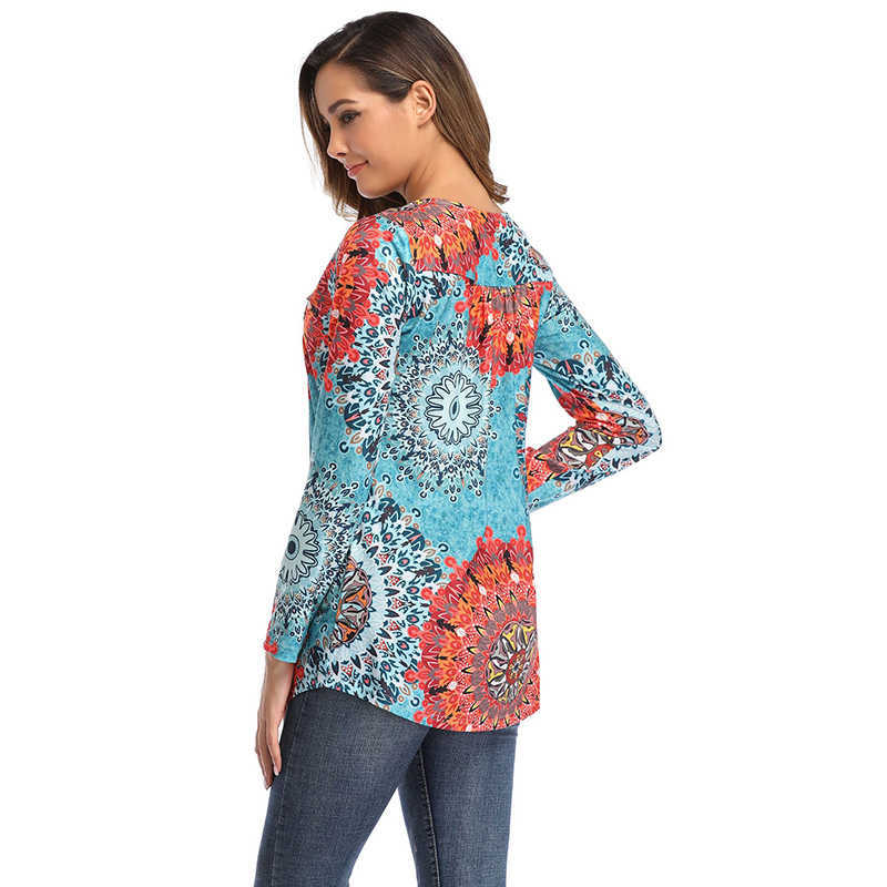 Womens Tops And Blouses O-neck Print Casual Long Sleeve Boho Clothing Women Plus Size Fashions Floral Blouse Shirts 210603