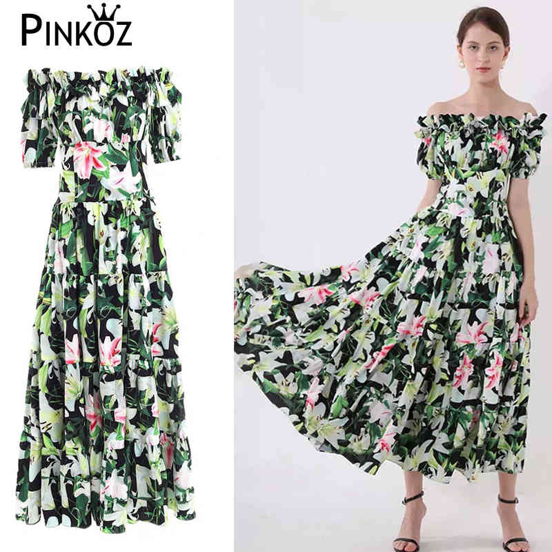 lily flower slash neck ruched high quality dress women summer maxi for party A-line soft robe es vestidos 210421