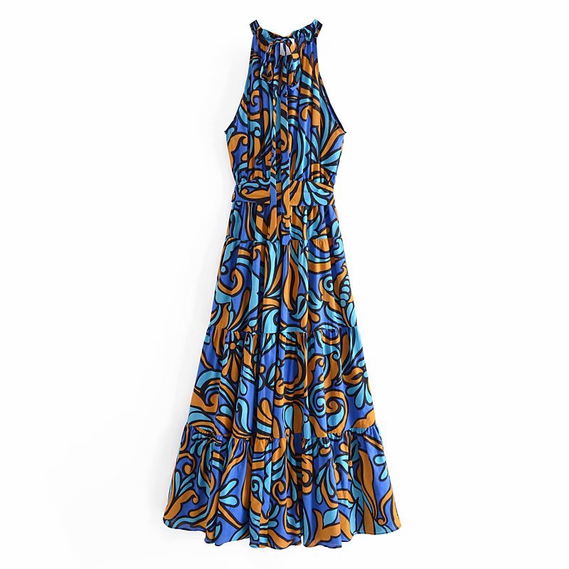 Casual Women O Neck Draw Back Dress Summer Fashion Ladies Beach Style Female Digital Print Long Skirt 210515