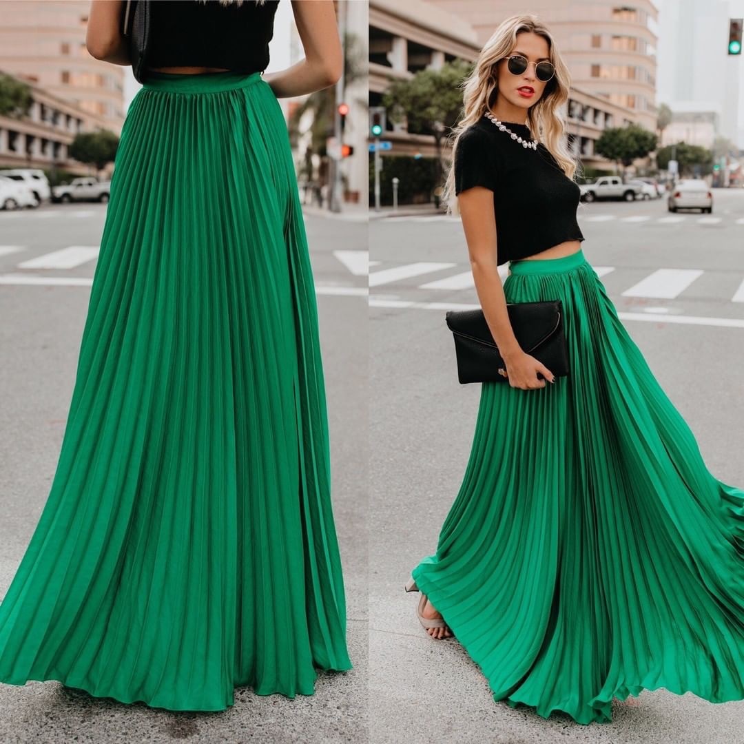 Women Skirt High Waist Pleated Long Skirts Black Pink White Red All Match Vintage Clothes Summer 210524