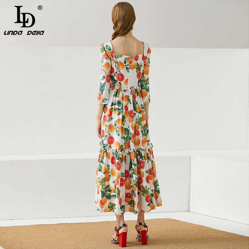 Bohemia Vacation Midi Dress Women Fashion Runway Summer Square collar Red pomelo Print Vintage cotton 210522