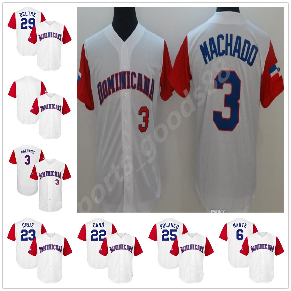 Dominican Republic World Baseball Classic WBC Jersey 3 Manny Machado 6 Starling Marte 19 Jose Bautista 22 Robinson Cano 23 Nelson Cruz, Colour 1 
Dominican Republic World Baseball Classic WBC Jersey 3 Manny Machado 6 Starling Marte 19 Jose Bautista 22 Robinson Cano 23 Nelson Cruz, Colour 1