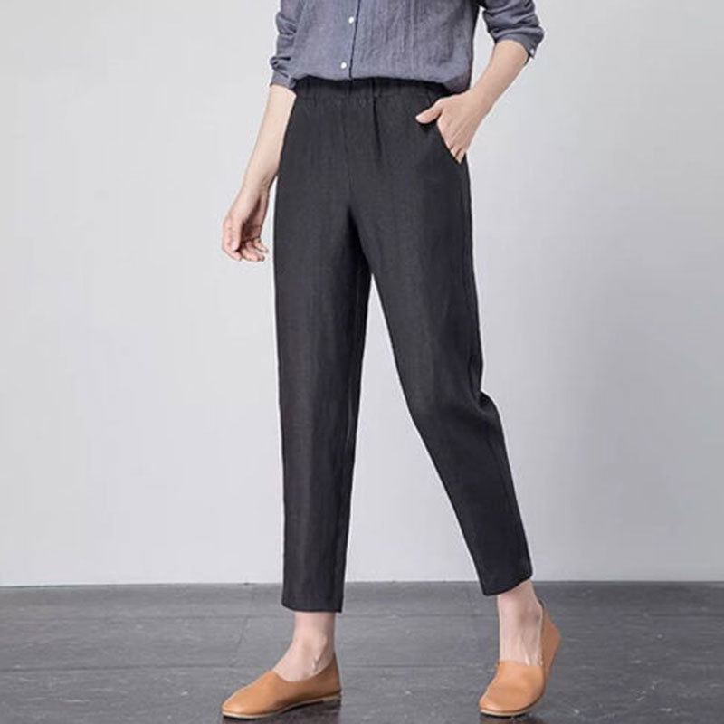 Spring Summer Korean Fashion Women Pants Plus Size Elastic Waist Loose Harem all-matched Casual Cotton Linen D165 210512