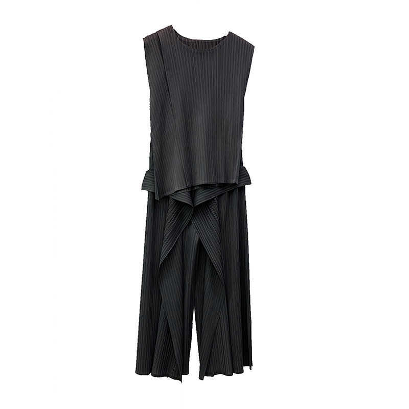 Japanese-Style Solid Pleated Suit Summer Irregular O Neck Top + Casual Wide-Leg Pants Two-Piece Set Women 210615Z