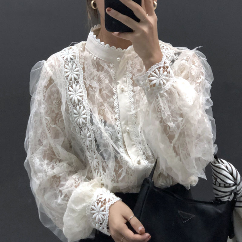 Wonder spring solid elegant lace blouse office ladys lantren sleeve ruffles Korean female Mesh Sheer Sexy shirt 210510