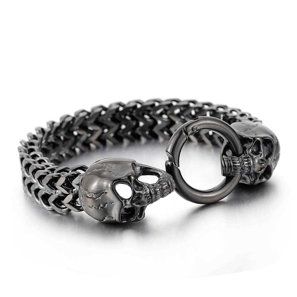 11mm Punk Ghost Head Chain Bracelet Men Stainless Steel 316L Gold/Black/Silver Color Double Skull Charm Bracelets 210609