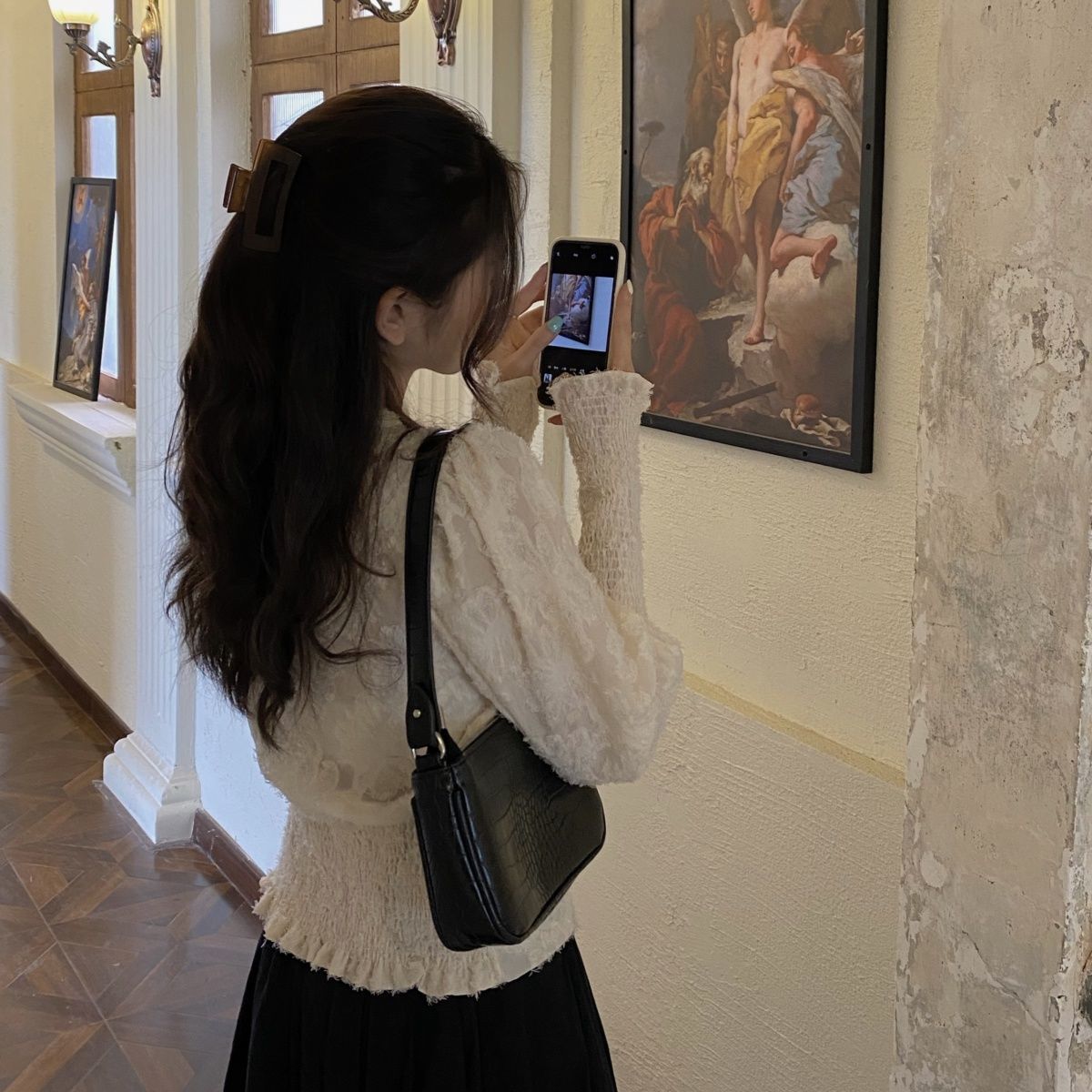 Puffer Sleeve V-Neck Flower Lace Patchwork Shirt Female Vintage Blouse and Tops Women Korean Style Button White Top Spring 210521