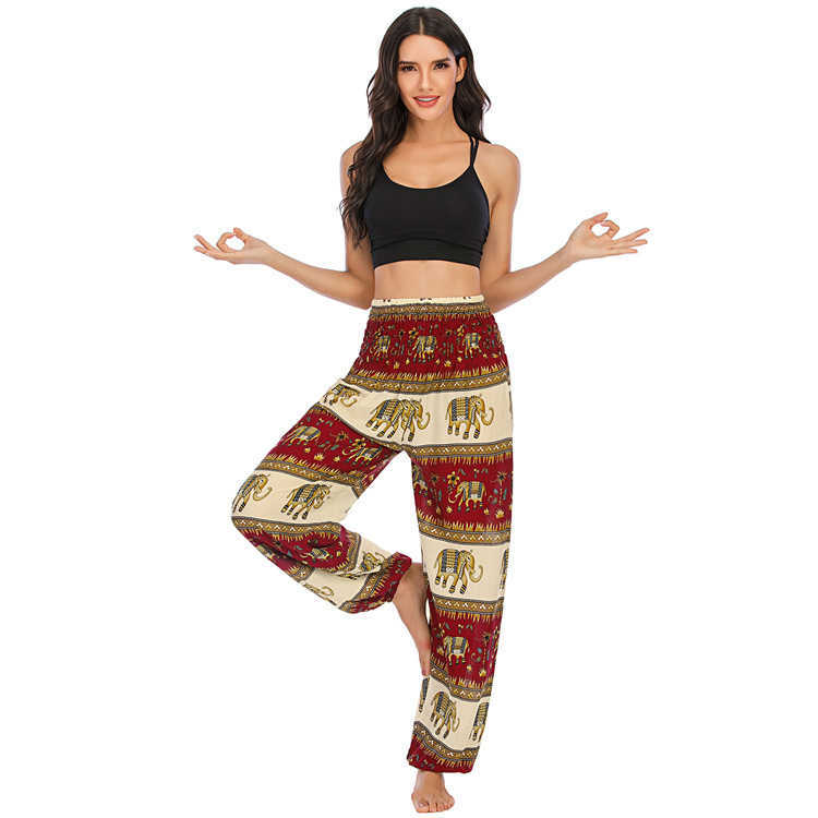 Thiland Female Elephant Print Wide Leg Pants Elastic Waist Loose Joggers Woman Harem Casual Pantalones Mujer Cintura Alta 210604