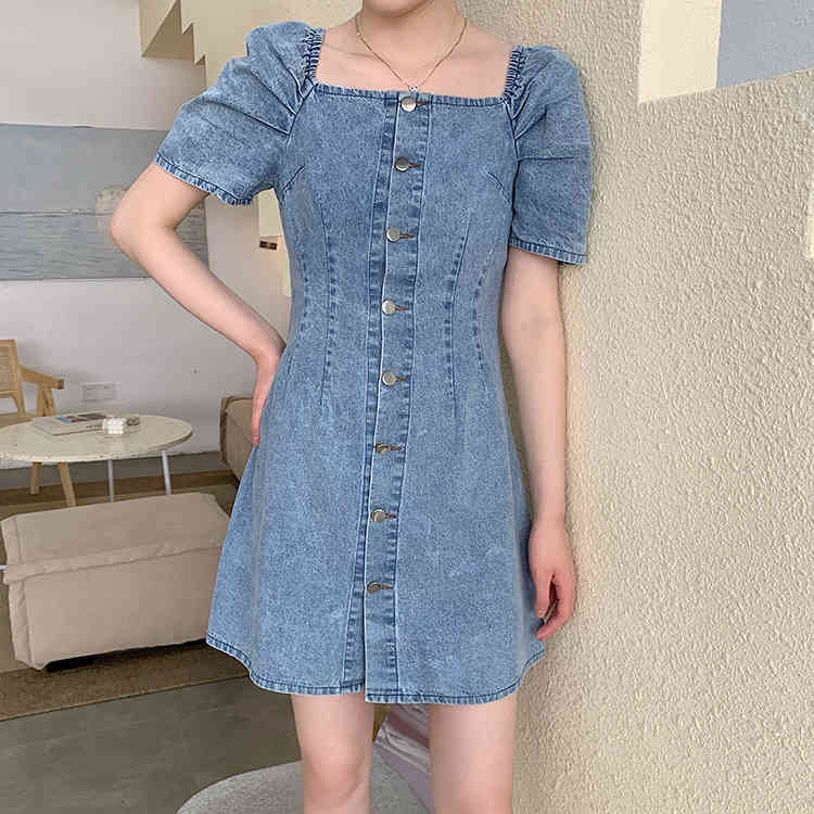 XS-XL summer mini dress korean style solid color square collar denim dress womens off shoulder jeans dresses (71050) 210423