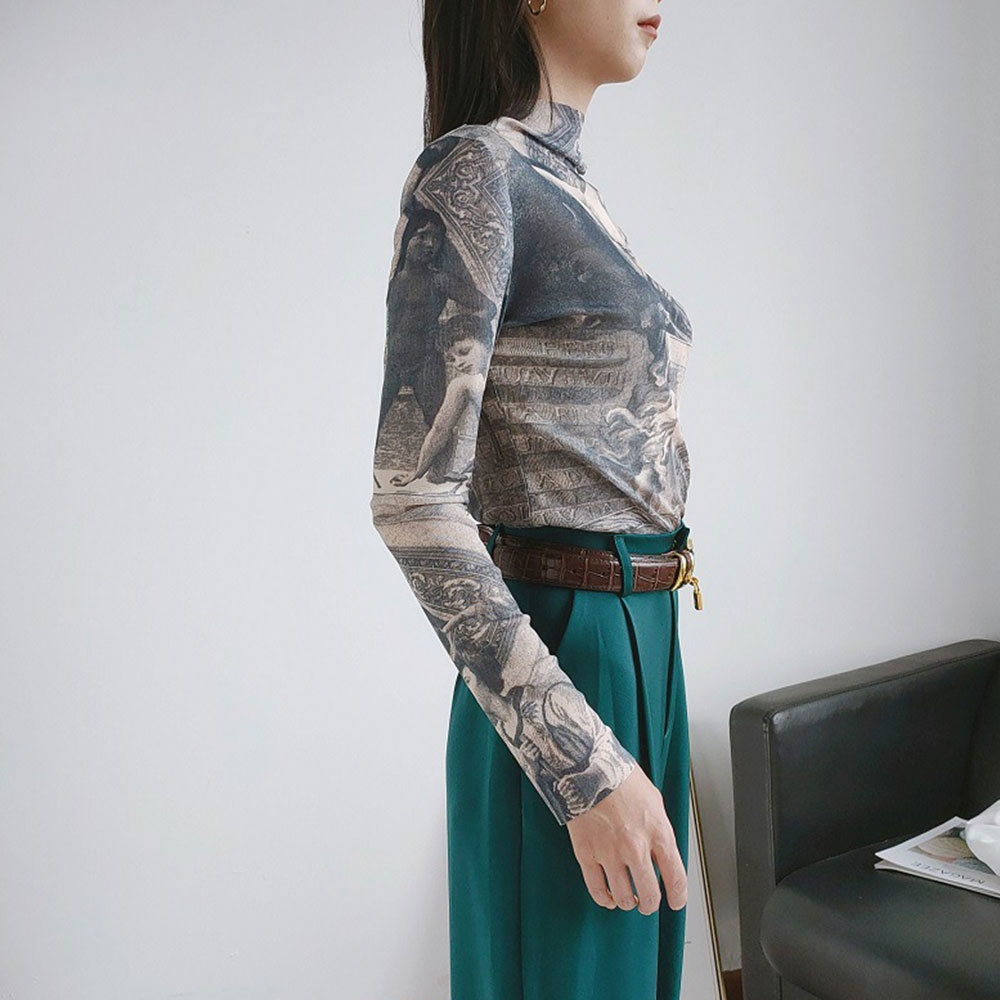Spring Renaissance Print Vintage Top Turtleneck Long Sleeve Blouse Women Spandex Bodycon Ladies Slim Tops 210428