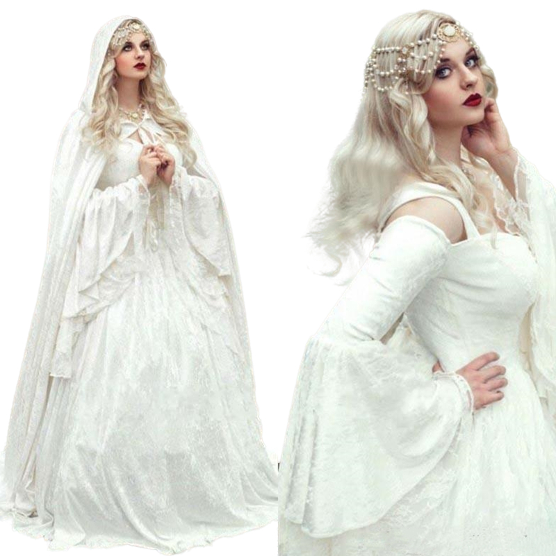 Renaissance Gothic Lace A-Line Wedding Dresses With Cloak Plus Size Bridal Gowns Vintage Bell Long Sleeve Celtic Medieval Princess Bride Dress Corset 