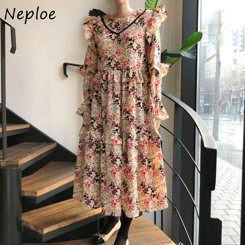 O Neck Flare Long Sleeve Loose Dress Women High Waist Hip A Line Vestidos Vintage Print Spring Robe 210422