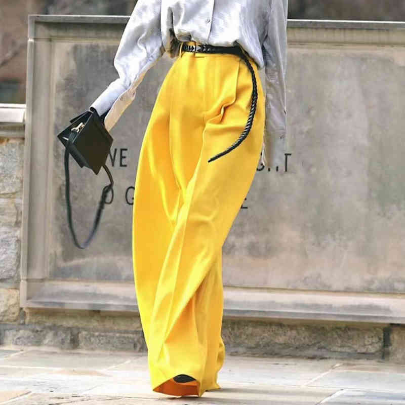 Blue Ruched Casual Trouser For Women High Waist Loose Minimalist Joker Wide Leg Pants Female Fashion Clothes 210521