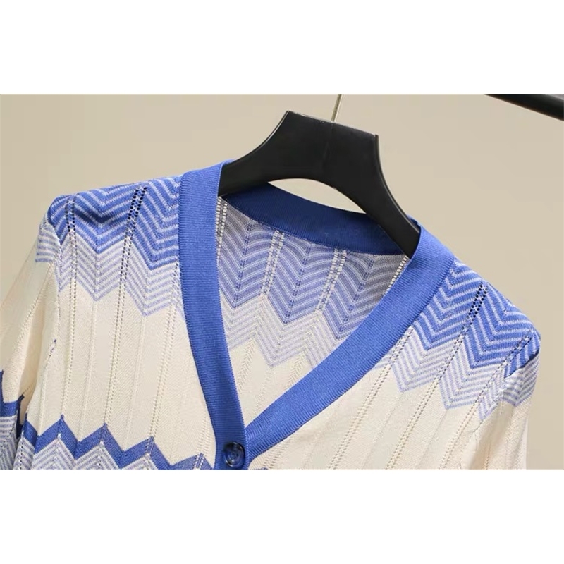 Runway Bohemian Hollow Out Knitted Women Suits Female Short Sleeve Top Midi Skirt Set Striped Sweater Suit Ladies Two-piece Sets 210519