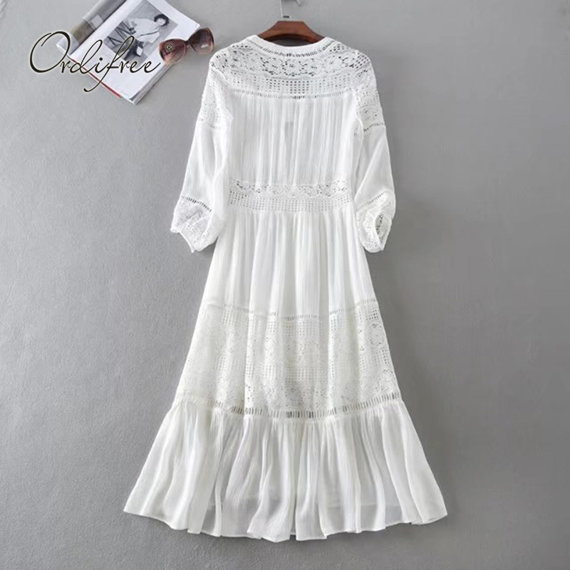White Lace Boho Maxi Dress For Women, Summer Long Sleeve Beach Sundress, Casual Holiday A-E Tunic Dress, Polyester