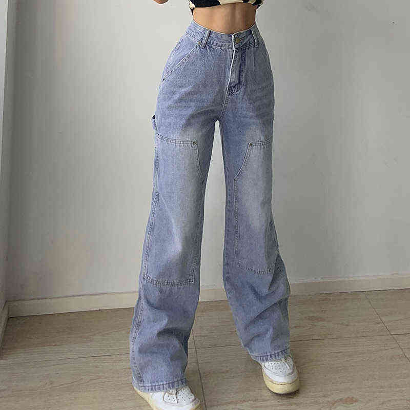 Weekeep Streetwear High Waist Jeans Women Baggy Cargo Pants Patchwork Denim Straight Trousers Autumn Casual Korean Harajuku 211112