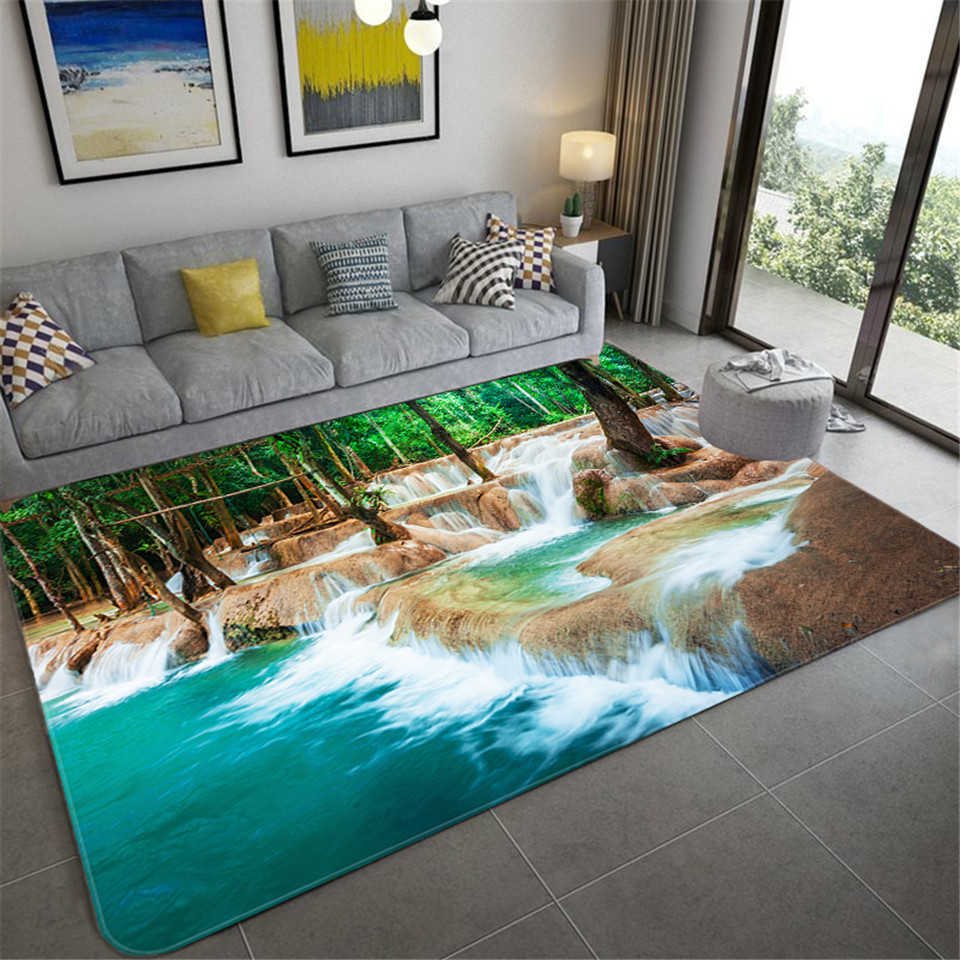 

Natural Scenery 3D Carpet For Living Room Green Forest Waterfall Landscape Rug Bedroom Anti-slip In The Bathroom Large 210626