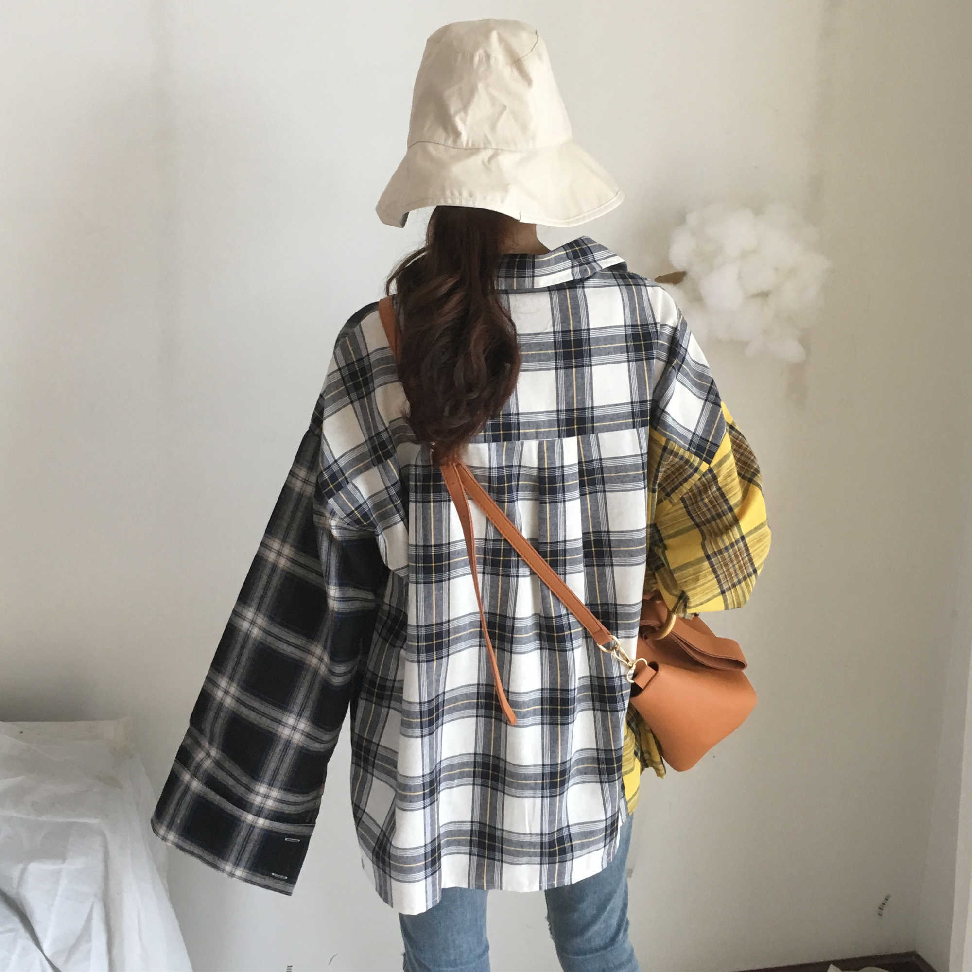 Plaid Shirt Women Bangtan Boys SUGA Blouse Korea Fashion Plus Size Casual Spring Autumn Splice Shirts 210602