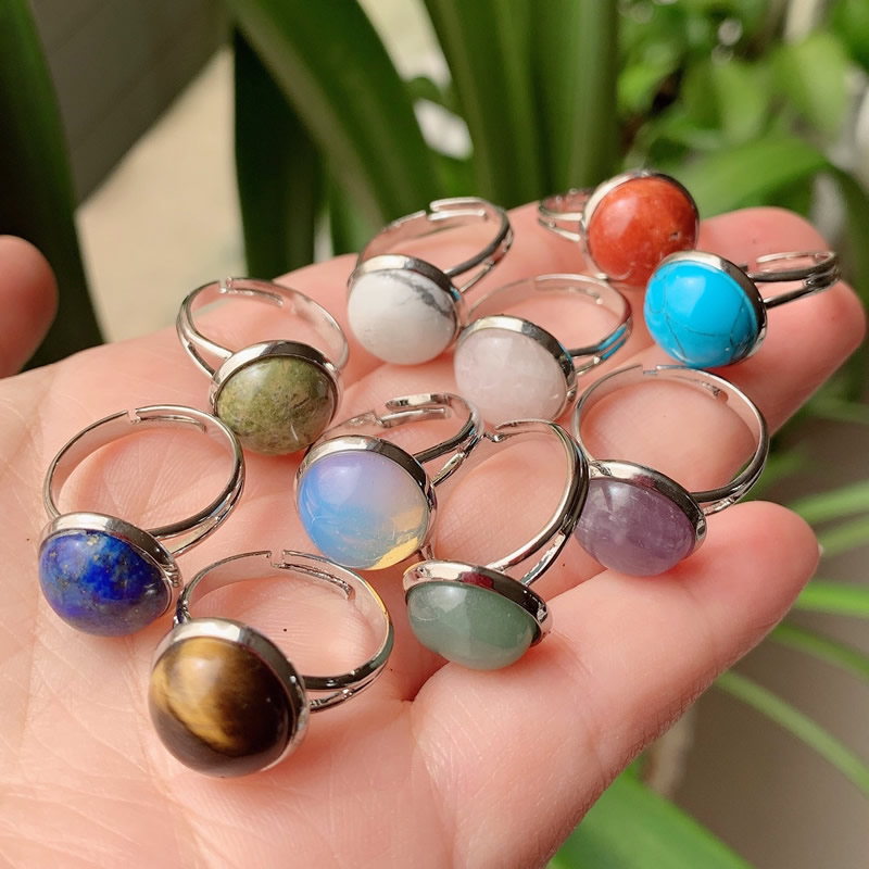 10mm 12mm Natural Stone Rings silver gold color Open Adjustable Turquoise Amethysts Pink Quartz Crystal Women Ring Party Wedding