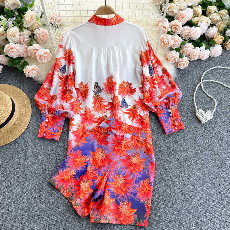 DEAT Women High Waist Wide Leg Shorts Print Lantern Sleeve Shirt Two Piece Set Fashion Spring Summer 11B508 210709
