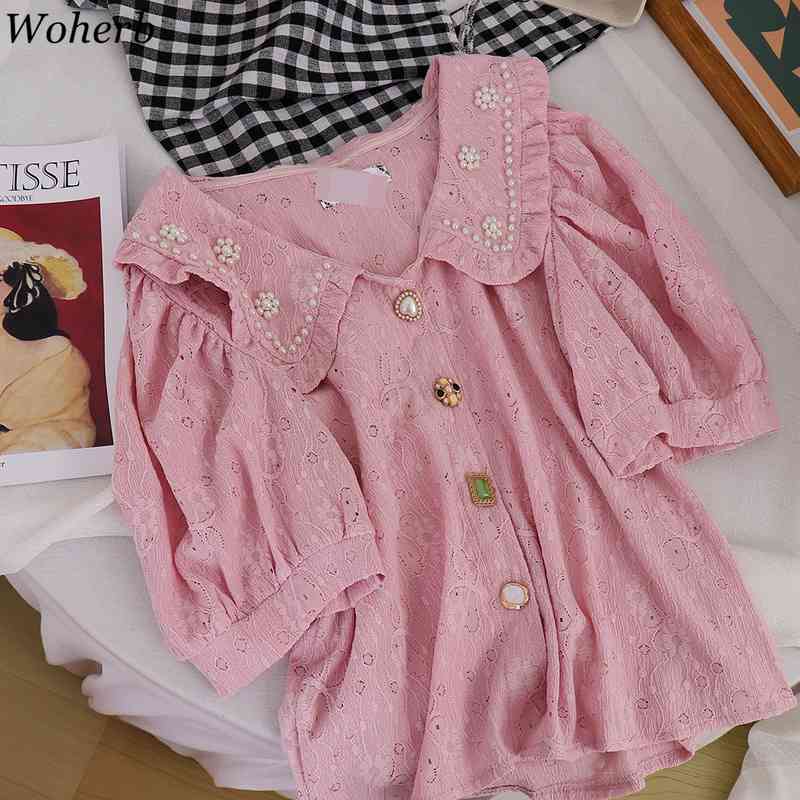 Korean Blusas Mujer Beading Peter Pan Collar Vintage Short Puff Sleeve Summer Blouses Women Tops Loose Kawaii Shirt Retro 210519