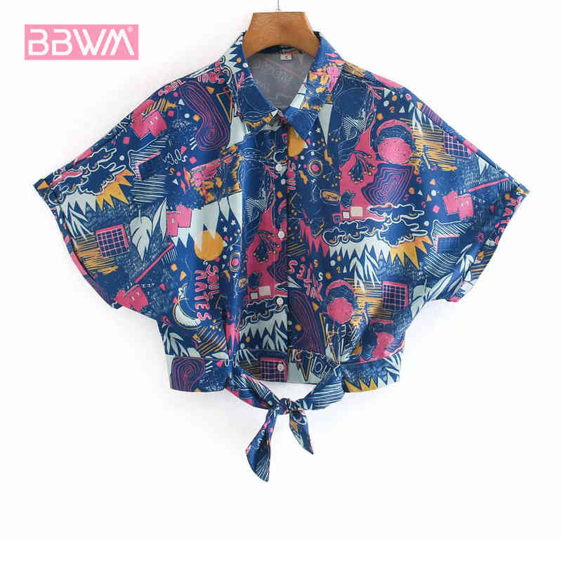 Fun Printed Short-sleeved Lapel Harajuku Short Single-breasted Women's Shirt Summer Style Graffiti Bow Chic Female Tops 210507