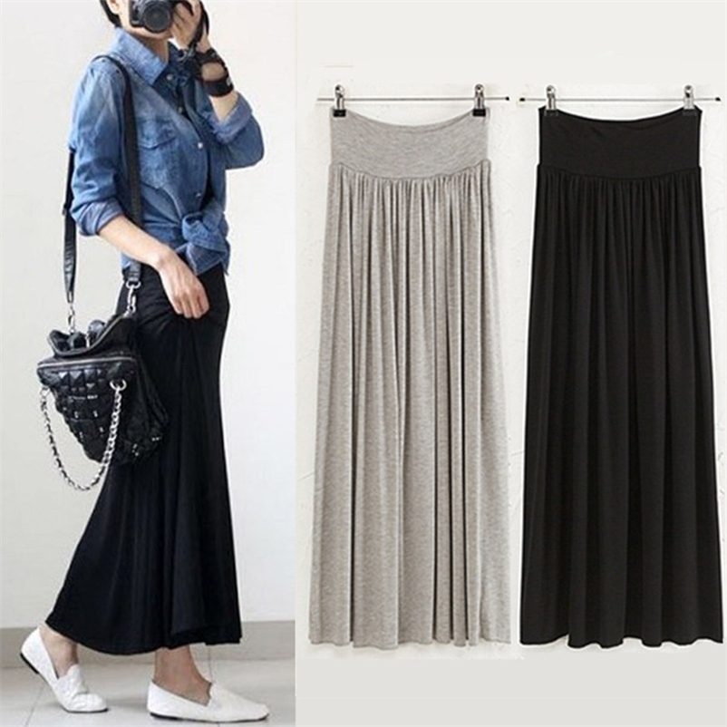 Sanishroly Women Long Pleated Skirts Summer Autumn Elastic High Waist Modal Female Big Swing Maxi Saia Plus Size 587 210621