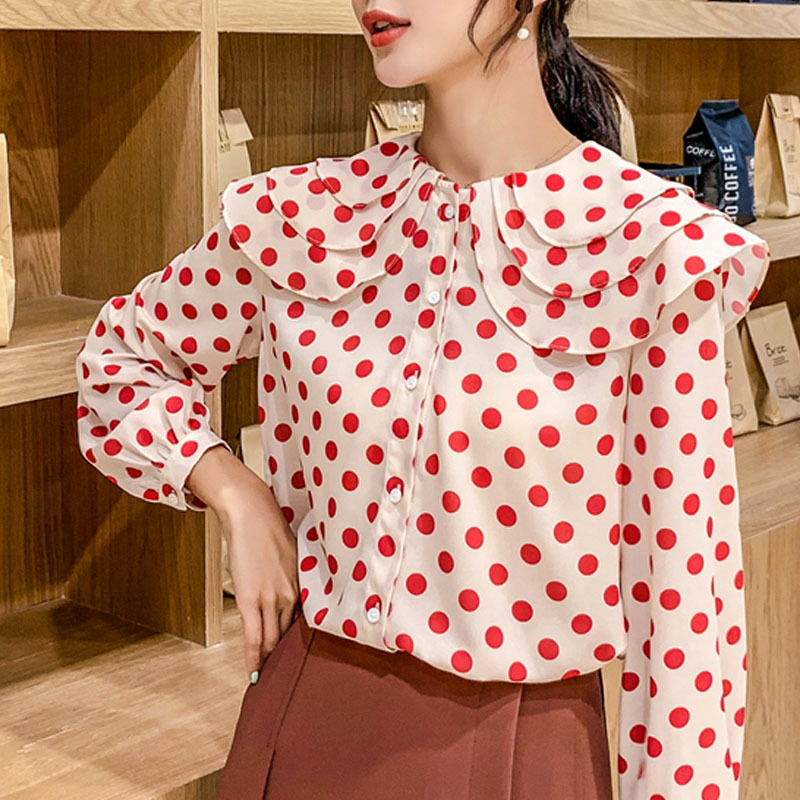 Autumn Fashion Women Tops Chiffon Blouses Long Sleeve Casual Polka Dot Clothing Sweet Ruffles Lady 5327 50 210508
