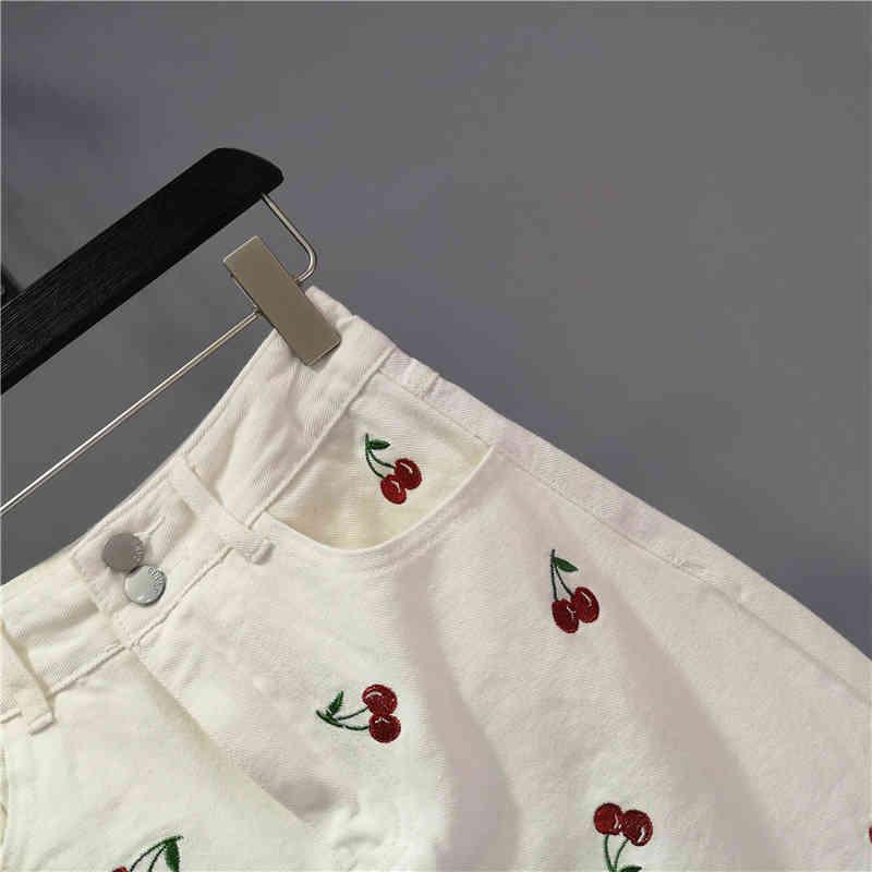 Cherry Embroidery High Waist Skirt Women's Summer White Mini Streetwear Denim Female Tide 5E202 210427