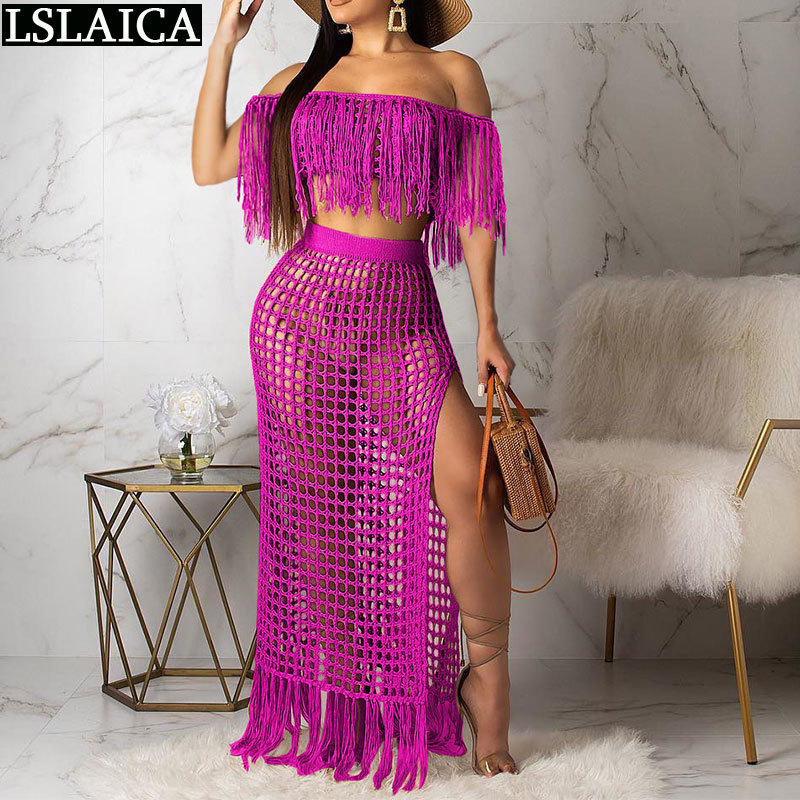Sexy Outfits for Woman Beach Night Club Fashion 2 Piece Set Women Exposed Navel Hollow Out Tassel Thigh Slit Skirt 210515