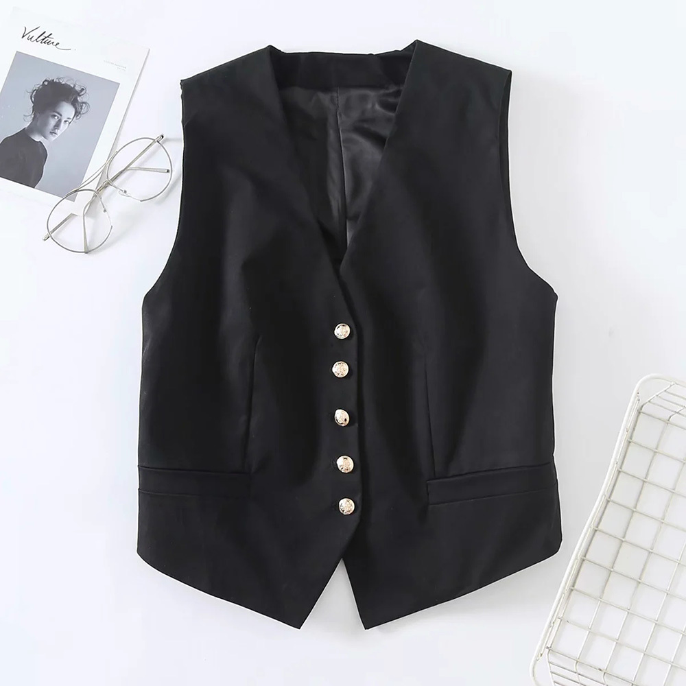 BBWM Simplicity Summer Preppy Style Female Western All-Match V-neck Buckle Vest Women's Clothing 210520