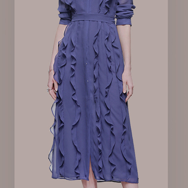 Autumn Elegant Chiffon Dress Women Long Sleeve Single-Breasted Layers Ruffles Long Shirt Dress Female Party Dress Robe 210518