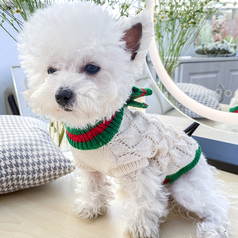 free shipping Clothes PuppySweater Winter Coat Apparel Soft Hollow Bowknot Button Decor Pullover Jumper for Dogs Poodles Sherena French Bulldog Khaki 